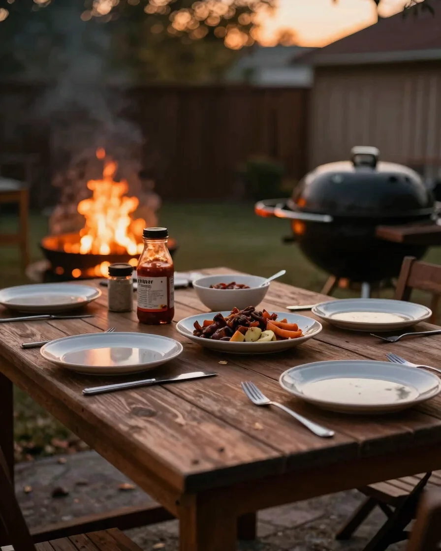 Warm late-afternoon dusk photograph of a wooden outdoor table set